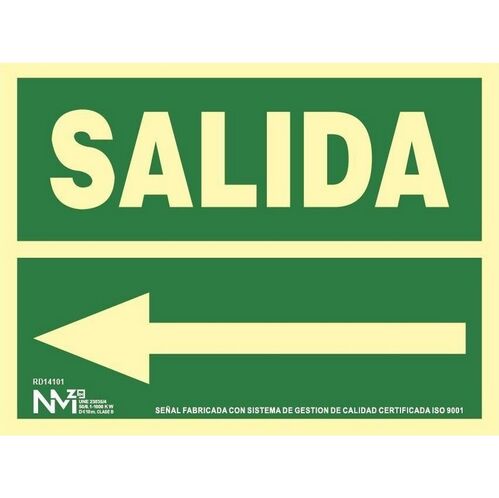 Señal de SALIDA FLECHA IZQUIERDA de PVC 1mm. Clase A. Tamaño 105x300