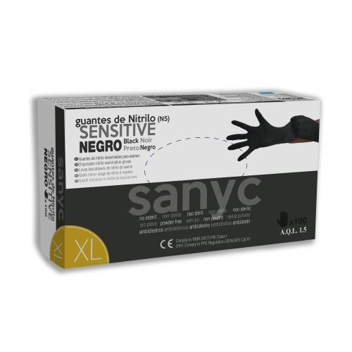 Guantes de Nitrilo Sensitive s/polvo, 3,5gr, AQL 1.5 (Pack 10 dispensadores) Negro Talla S