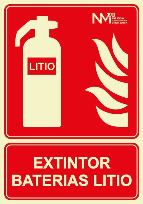 Señal BIE EXTINTOR BATERIAS LITIO. CLASE B (PVC 0''7 mm) Tamaño 210x300 mm