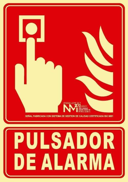 Señal BIE PULSADOR DE ALARMA. CLASE B (PVC 0'7 mm) Tamaño 210x300 mm Talla Única