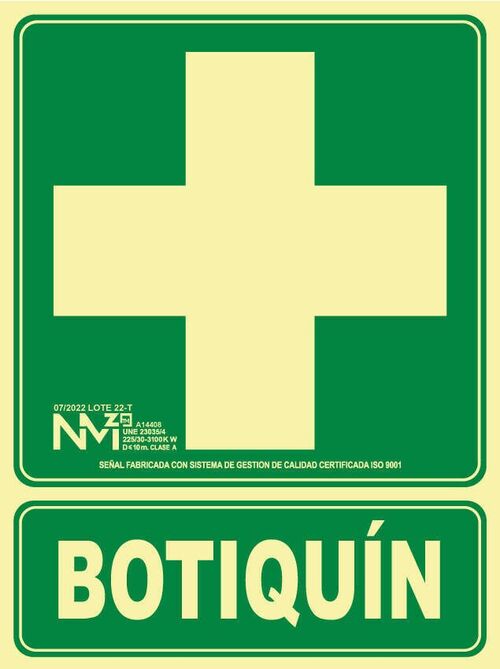Señal de evacuación BOTIQUIN. CLASE B (PVC 0'7 mm) Tamaño 210x300 mm