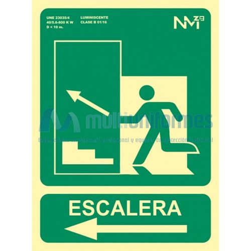 Señal de evacuación ESCALERA SUBIDA IZQUIERDA. CLASE B (PVC 0'7 mm) Tamaño 224x300 mm