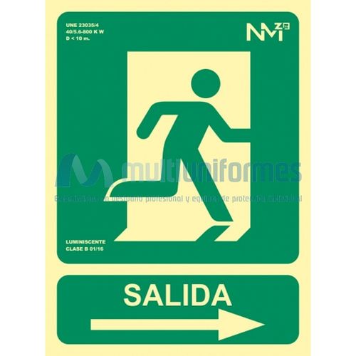 Señal de evacuación SALIDA FLECHA DERECHA. CLASE B (PVC 0'7 mm) Tamaño 224x300 mm