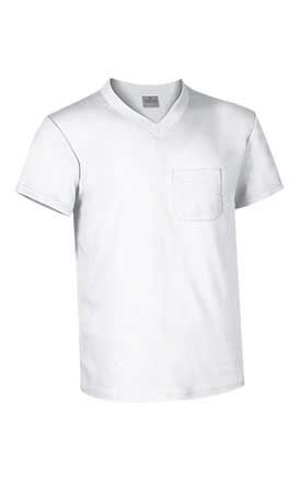 Camiseta cuello pico con bolsillo manga corta 160 grs. 100% algodón. Blanco Talla M